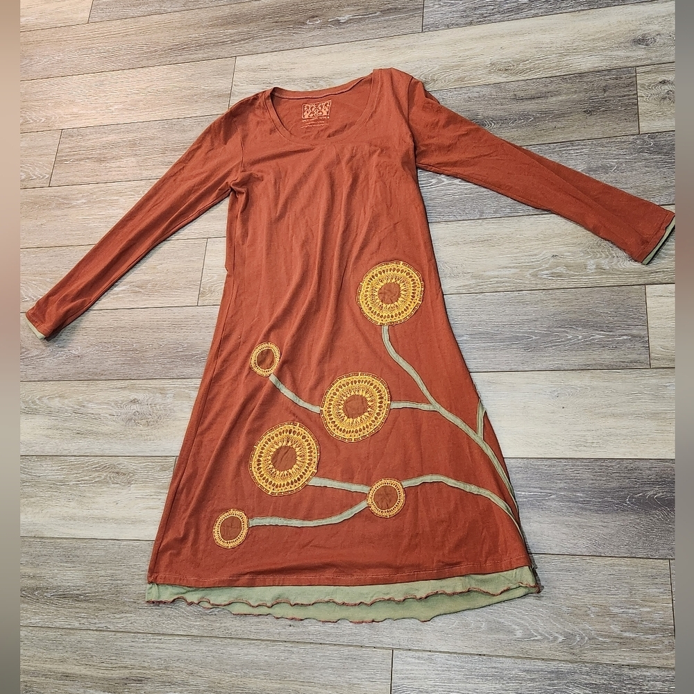Spicy Green Mango Rust Orange Blooming Floral Dress Size Small